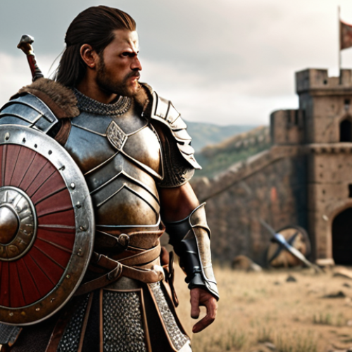 Home 4 **
A warrior, armed with a sword and shield, standing defensively. The scene should highlight a balance between protection and attack, suitable for someone new to the game.
**