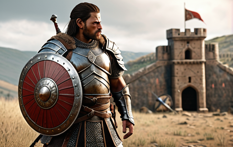 **
A warrior, armed with a sword and shield, standing defensively. The scene should highlight a balance between protection and attack, suitable for someone new to the game.
**
