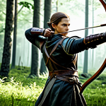 Home 7 쓰론앤리버티 궁수 클래스 특징 - "A skilled archer, fully clothed in practical leather armor, drawing back a longbow in a lush forest...
