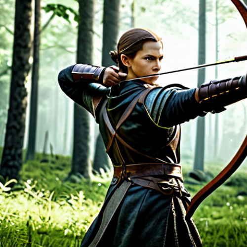 Home 4 쓰론앤리버티 궁수 클래스 특징 - "A skilled archer, fully clothed in practical leather armor, drawing back a longbow in a lush forest...